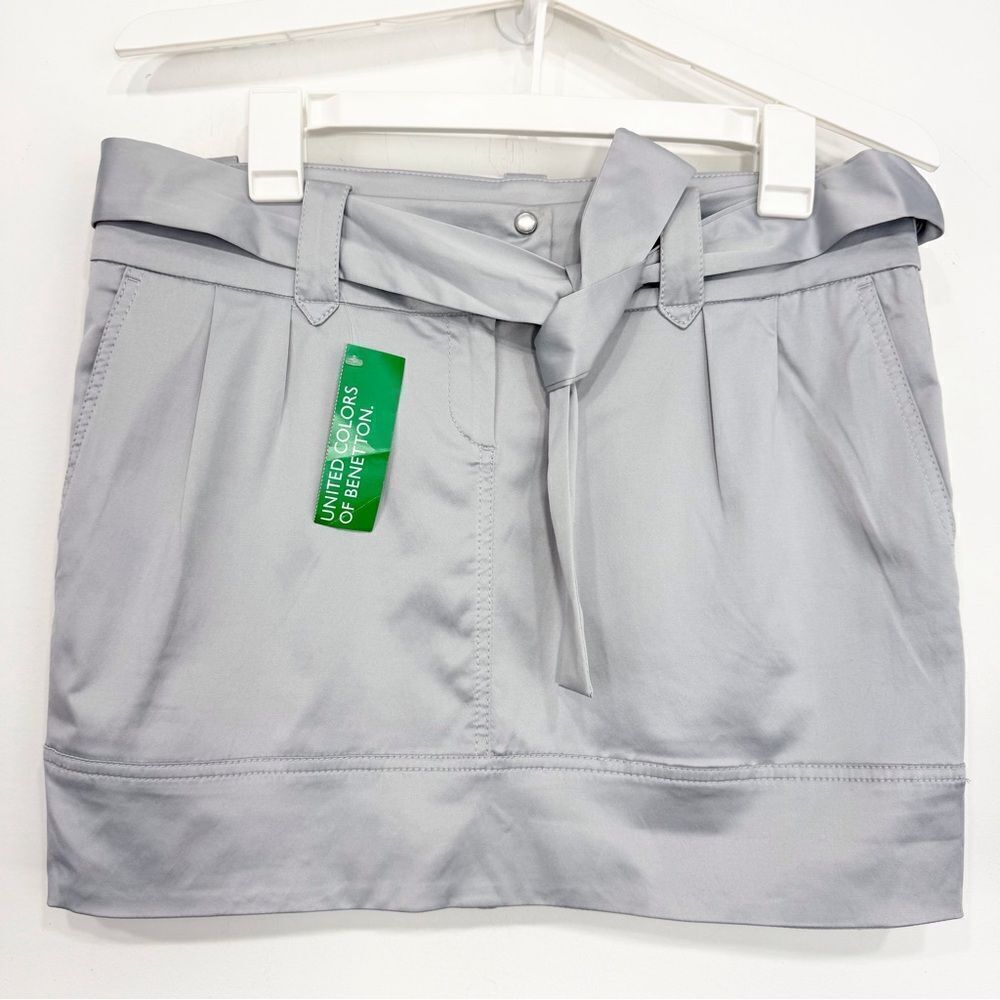 United Colors of Benetton Gray Sash Waist Pleat Front Mini Skirt NEW